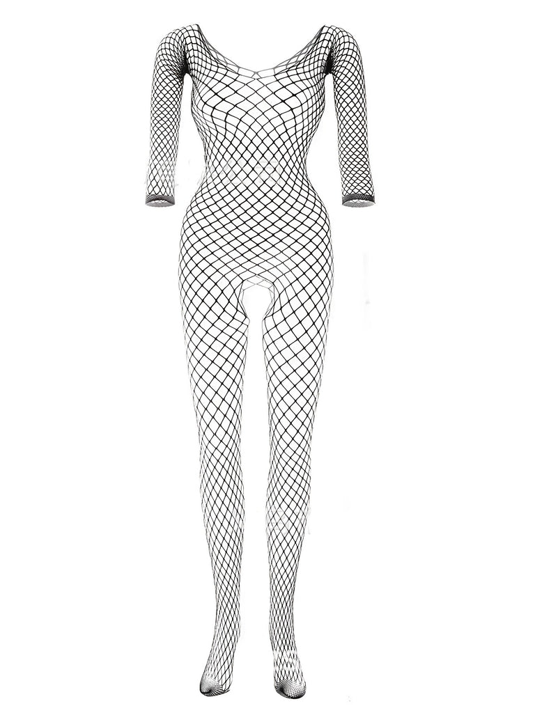 Laddymoda sexy fishnet hollow bodystocking, vedere attraverso manica lunga cavallo aperto corpo intero onepiece, lingerie sexy da donna e biancheria intima