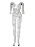 Laddymoda sexy fishnet hollow bodystocking, vedere attraverso manica lunga cavallo aperto corpo intero onepiece, lingerie sexy da donna e biancheria intima