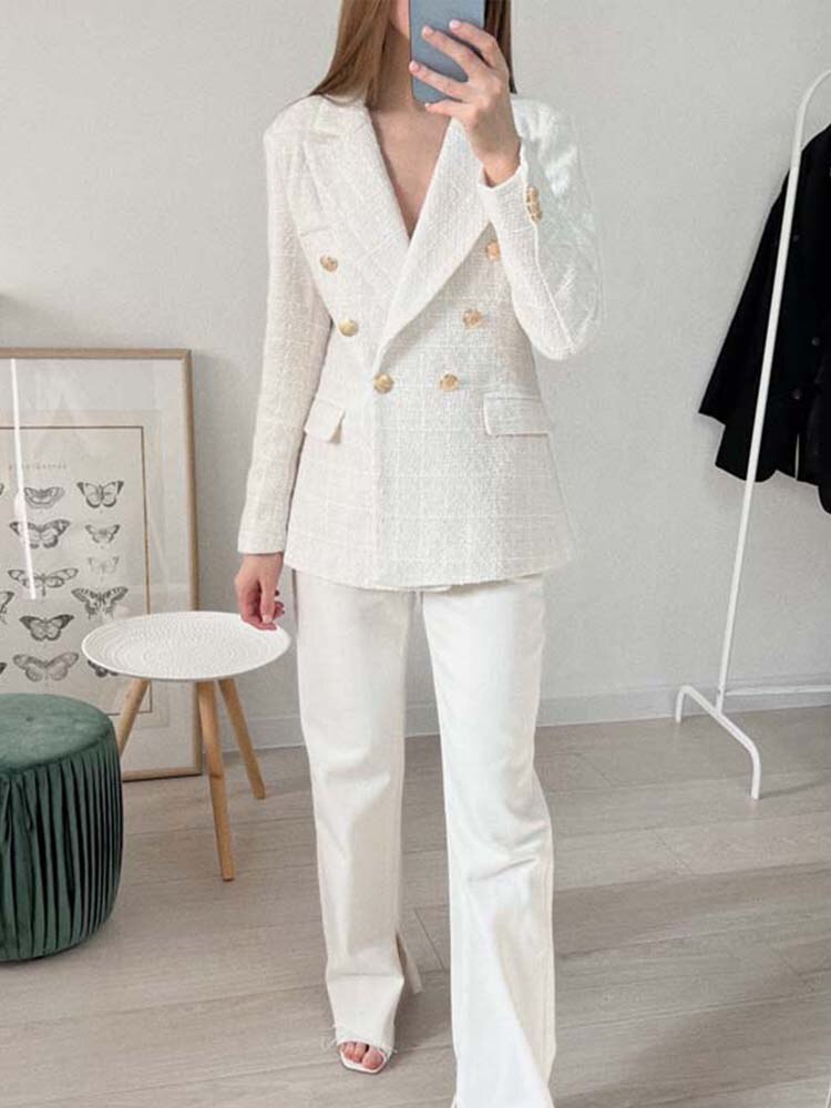 Chaqueta de mujer Primavera 2022 Moda Doble pecho Tweed Blazer Abrigo Vintage Manga larga Ropa exterior femenina Chic Top