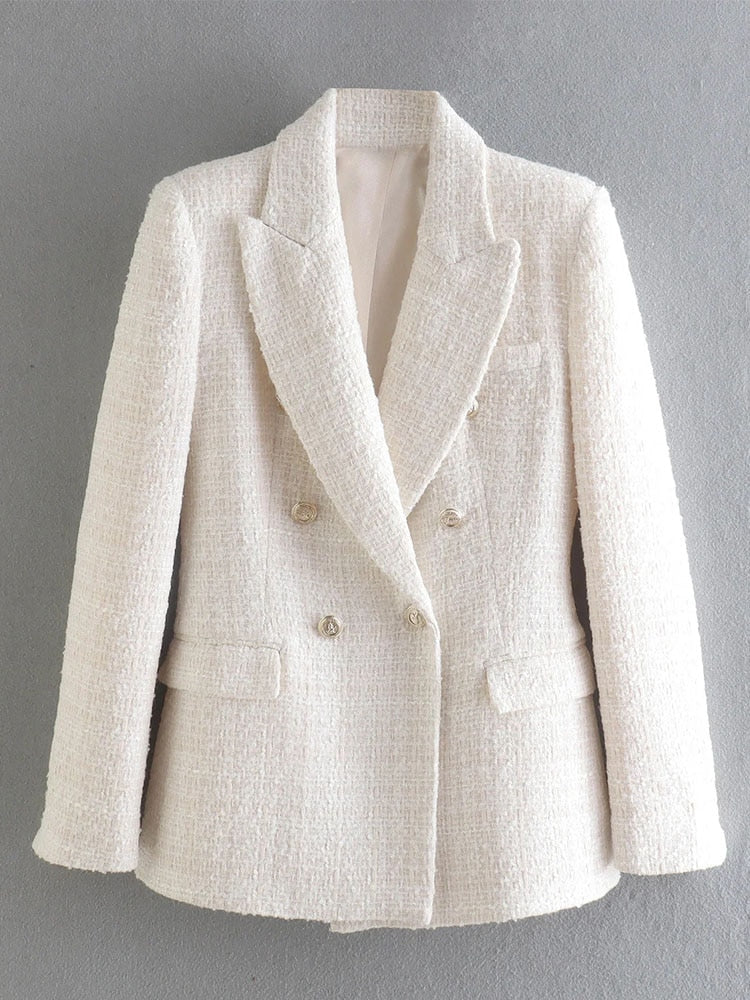 Chaqueta de mujer Primavera 2022 Moda Doble pecho Tweed Blazer Abrigo Vintage Manga larga Ropa exterior femenina Chic Top