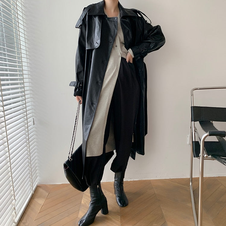 2023 Fall /Autumn leather Maxi Long Trench Coat With Belt Chic Female Windbreaker Classic