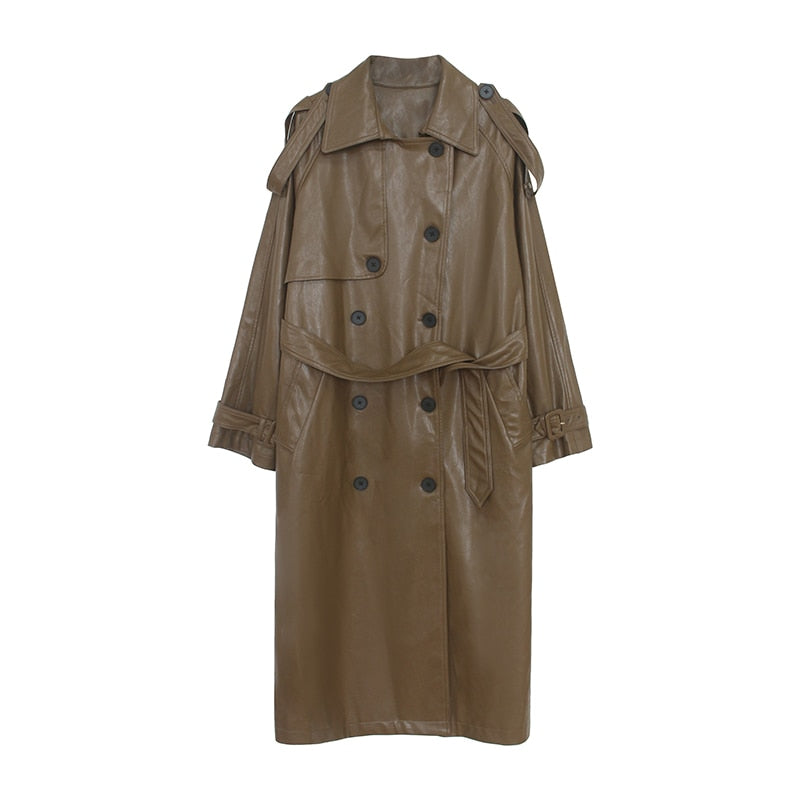 2023 Fall /Autumn leather Maxi Long Trench Coat With Belt Chic Female Windbreaker Classic