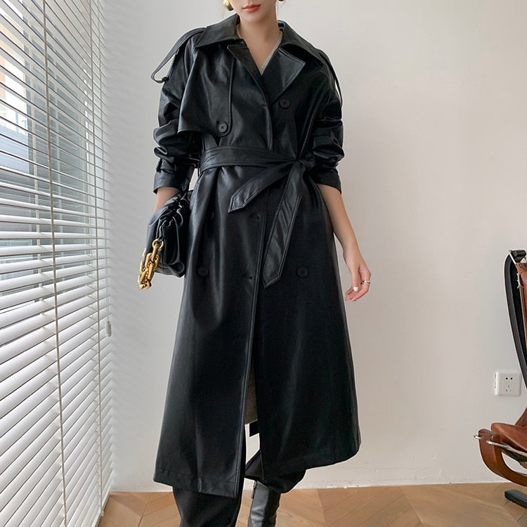 2023 Fall /Autumn leather Maxi Long Trench Coat With Belt Chic Female Windbreaker Classic