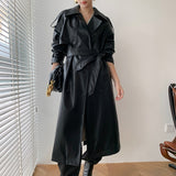 2023 Fall /Autumn leather Maxi Long Trench Coat With Belt Chic Female Windbreaker Classic