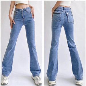 European and American style fashion ins hip jeans women's elastic slim fit slimming bootcut trousers high waist trousers wholesale