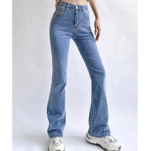 European and American style fashion ins hip jeans women's elastic slim fit slimming bootcut trousers high waist trousers wholesale