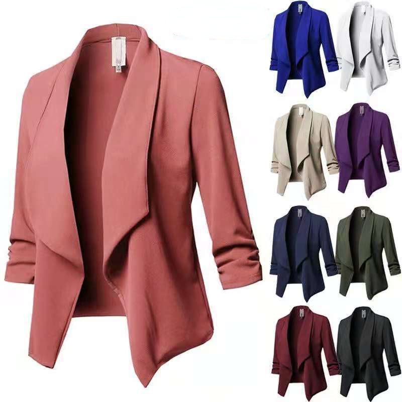 Laddymoda NOUVEAU Oversize Bureau Dames Col Cranté Femmes Blazer Solide Veste d’automne Manches plissées Casual Costume Féminin Manteau 10 Couleurs
