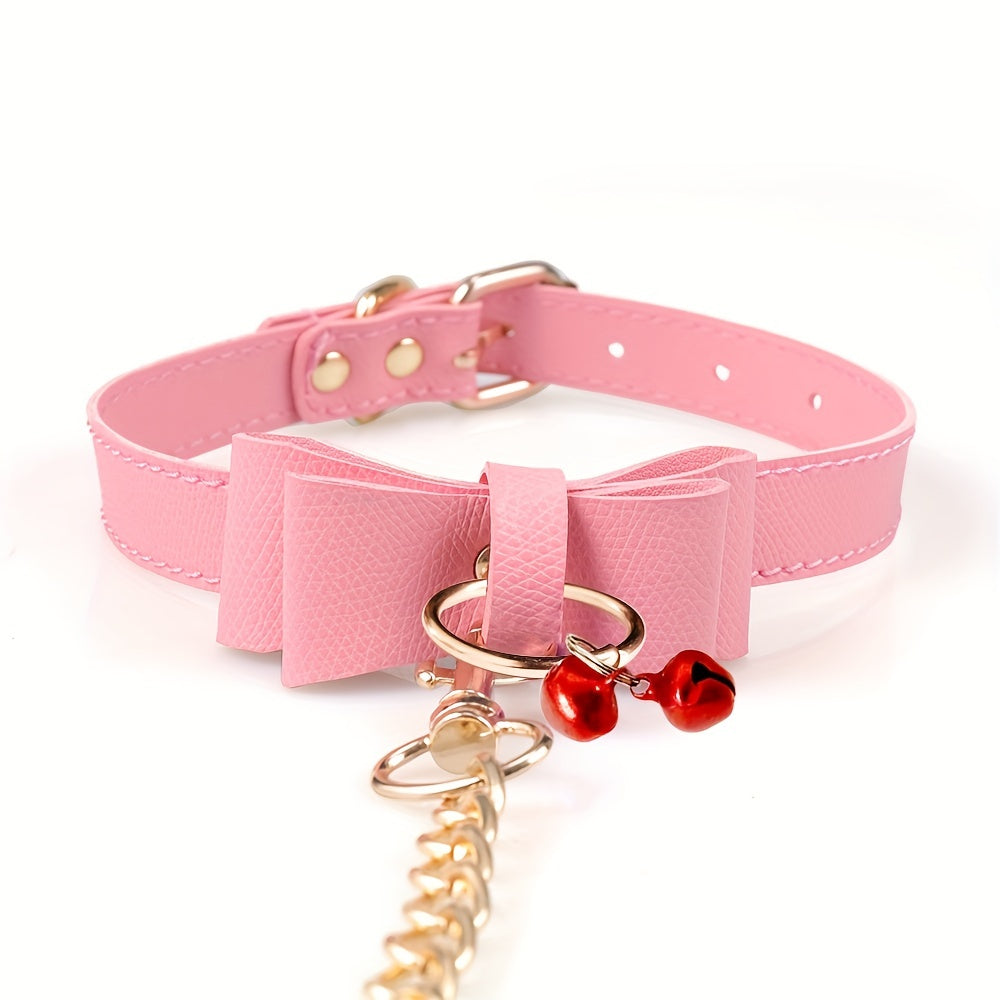 Laddymoda 1pc Collar Choker Leash Harness Leather Bow-tie Bell Collar BDSM Bondage Game