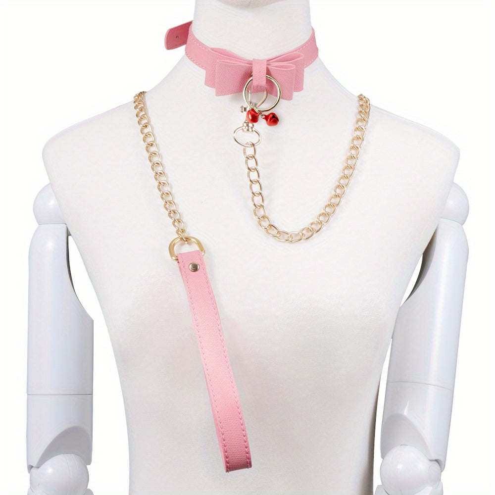 Laddymoda 1pc Collar Choker Leash Harness Leather Bow-tie Bell Collar BDSM Bondage Game
