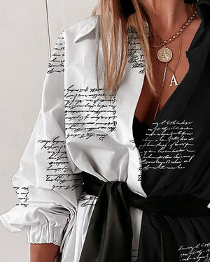 Laddymoda Letter Print Colorblock Lantern Sleeve Shirt Dress With Belt - LaddyModa
