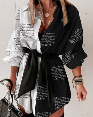 Laddymoda Letter Print Colorblock Lantern Sleeve Shirt Dress With Belt - LaddyModa
