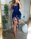 Asymmetrical Floral Print Ruched Split Thigh Satin Dress22q