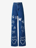 Laddymoda - Pantalones vaqueros de pierna ancha con patrón de mariposa de cintura alta para mujer, pantalones de pierna recta no elásticos