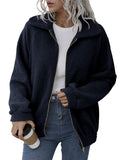 Laddymoda Damen Oberbekleidung Mock Neck Flauschige Jacke Langarm Reißverschluss Teddy Thermomantel Solide Freizeitjacke