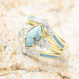 LADDYMODA 3 Pieces/Set Women's 18K Gold Plated Multilayer Hollow Turquoise Rings With Delicate Moissanite Engagement Wedding Rings Anniversary Birthday Christmas Gift Jewelry Sizes 5-11