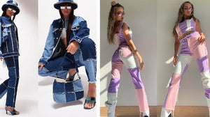 2022 Sommer neue große europäische und amerikanische Mode gemischte Farbe nähen hohe Taille enge Hüfte Damenbekleidung Jeanshose mit geradem Bein