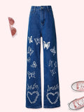 Laddymoda taille haute papillon motif jambe large jean femme non extensible jambe droite pantalon
