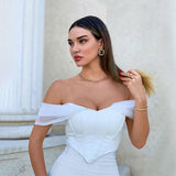 2023 European and American women's new summer sexy mesh sleeve Pu straight neck short sleeve top