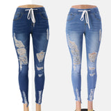 2023 cross-border European and American spring elastic waist women's jeans high waist ripped slim slimming skinny lace-up trousers