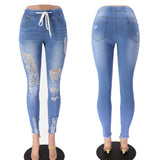 2023 transfronterizo europeo y americano primavera cintura elástica jeans de mujer cintura alta rasgado delgado delgado delgado ajustado con cordones