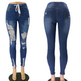 2023 transfronterizo europeo y americano primavera cintura elástica jeans de mujer cintura alta rasgado delgado delgado delgado ajustado con cordones