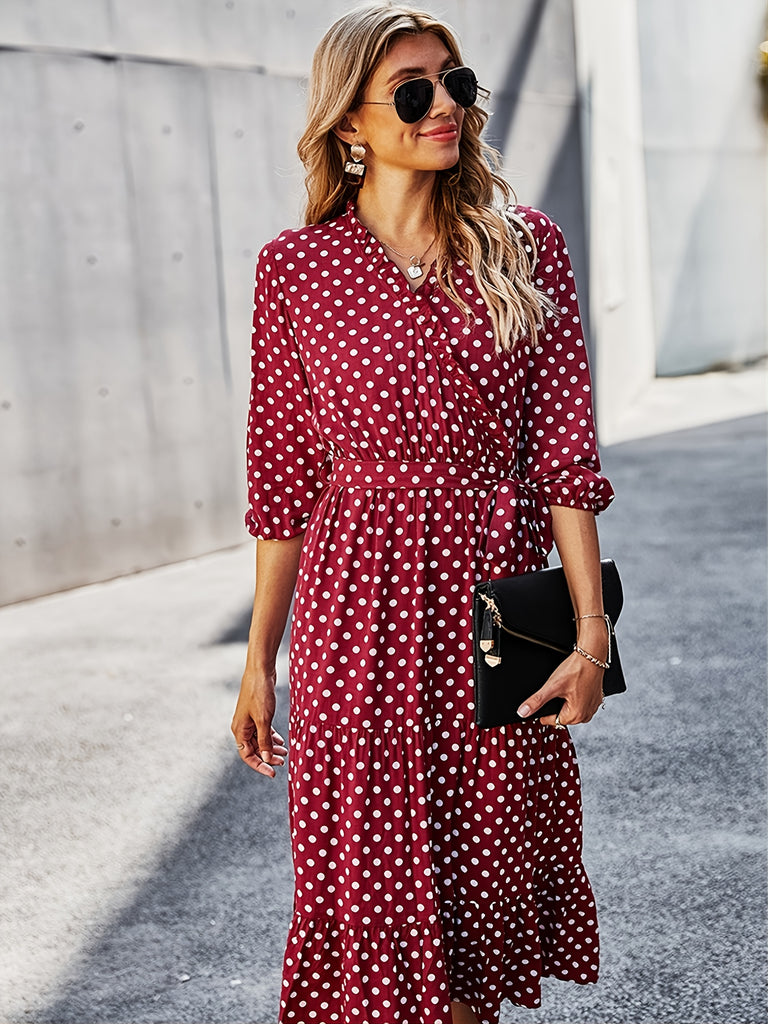 Laddymoda Polka Dot Midi Dress, V-Neck Tie Waste Dress, Casual Dresses LaddyModa Laddymoda Polka Dot Midi Dress, V-Neck Tie Waste Dress, Casual Dresses LaddyModa