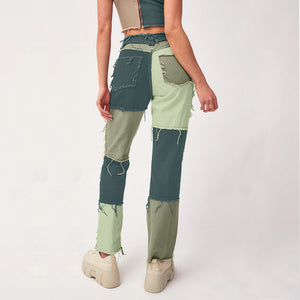 neue große europäische und amerikanische Mode bunte Nähte hohe Taille enge Hüfte Damenbekleidung Jeanshosen mit geradem Bein