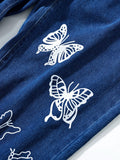 Laddymoda High Waist Butterfly Pattern Wide Leg Jeans Women's Non-Stretch Straight Leg Pants
