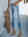 Laddymoda Jeans ajustados elásticos de cintura media con curvas para mujer Jeans rasgados con dobladillo sin rematar en azul lavado