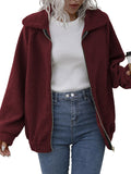 Laddymoda Vêtements d’extérieur pour femmes Mock Neck Fluffy Jacket Long Sleeve Zipper Teddy Thermal Coat Solid Casual Jacket