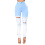 gebleichte blaue und weiße zerrissene Jeans mit hohem Bund für Damen 2022 Neu