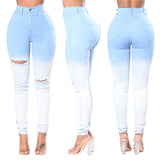 jeans déchirés dégradés bleus et blancs blanchis jeans taille haute pour femmes 2023 Nouveau