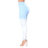 jeans déchirés dégradés bleus et blancs blanchis jeans taille haute pour femmes 2023 Nouveau