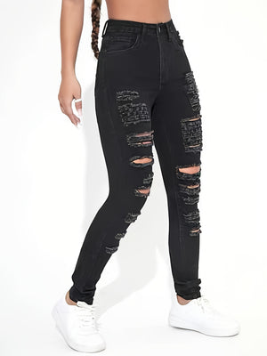 Women's Black Ripped Skinny Jeans, Ripped Holes Skinny Jeans, Girl's Y2K Style Jeans - LaddyModa
