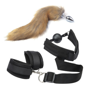 Laddymoda 1Set, BDSM Beginner's Simple Suit, Handcuffs And Mouth Plugs, Tail Anal Plug, Adult Sex Toys