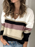 Laddymoda Striped V-neck Color Block Sweater, Casual Long Sleeve Loose Fall Winter Knit Sweater, Women's Clothing