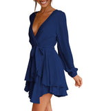 Robe Femme Col V Profond Manches Longues Taille Cravate Volants Mini Swing Robes Patineuses