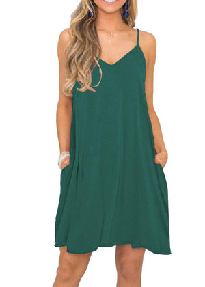 Women's Summer Spaghetti Strap Casual Swing Tank Beach Cover Up Dress with Pockets - LaddyModa