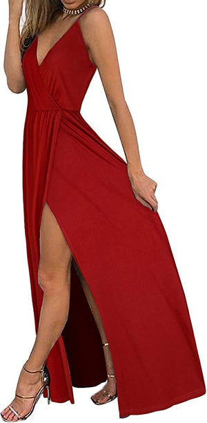 Damen Freizeitkleid mit tiefem V-Ausschnitt, rückenfreier Sommer, Blumendruck/einfarbiges, geteiltes Maxikleid für Strandpartys