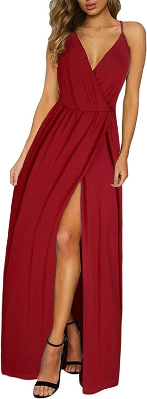 Damen Freizeitkleid mit tiefem V-Ausschnitt, rückenfreier Sommer, Blumendruck/einfarbiges, geteiltes Maxikleid für Strandpartys