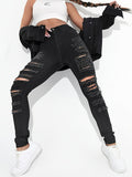 Women's Black Ripped Skinny Jeans, Ripped Holes Skinny Jeans, Girl's Y2K Style Jeans