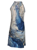 Laddymoda Ocean Wave Halter Dress - Gold Marble Print, Elegant Sleeveless Loose Fit for Women's Beach Vacation Clothing