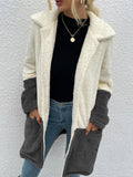 Laddymoda Women's Color Matching Lapel Double-Sided Velvet Large Pocket Jacket Sweater
