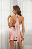 Women's Cowl Neck Halterneck Slip On Backless Satin Mini Dress Sexy Silky Party Club Bodycon Dresses 0213