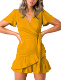 Vestido estampado de manga corta de verano para mujer Vestidos cortos casuales con cuello en V