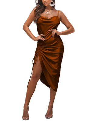 Women's Satin Spaghetti Straps Cowl Neck Sexy Ruch Cocktail Midi Dresses - LaddyModa