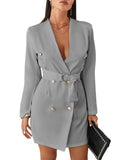 Laddymoda Women's Outerwear Elegant Solid V-neck Casual Fashion Long Sleeve Waist Button Formal Blazer Jacket