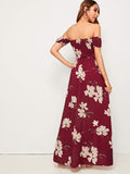 Women's Boho Floral Print Off Shoulder Split Long A Line Dress