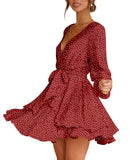 Robe Femme Col V Profond Manches Longues Taille Cravate Volants Mini Swing Robes Patineuses