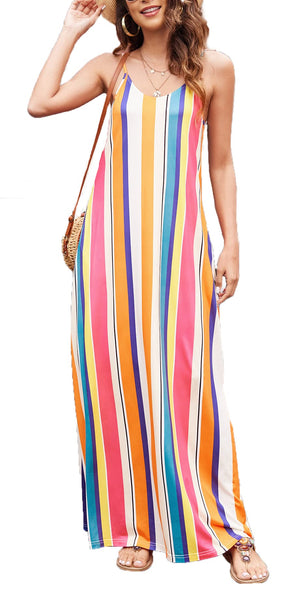 Women's Summer Casual Floral Printed Bohemian Spaghetti Strap Floral Long Maxi Dress with Pockets - LaddyModa